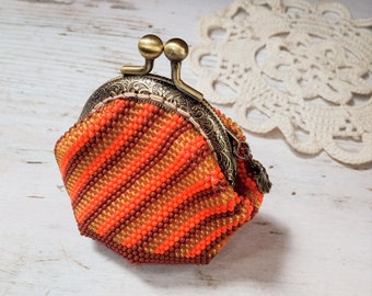 Orange beaded coin purse with kiss clasp lock, Travel pill pouch, Aesthetic wallet