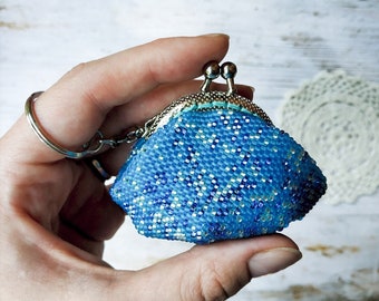 Blue beaded coin purse keychain, Travel pill holder, Tiny crochet handbag