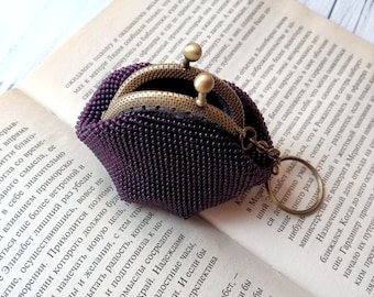 Small purple coin purse keychain with metal frame, Travel pill holder,  Headphone case