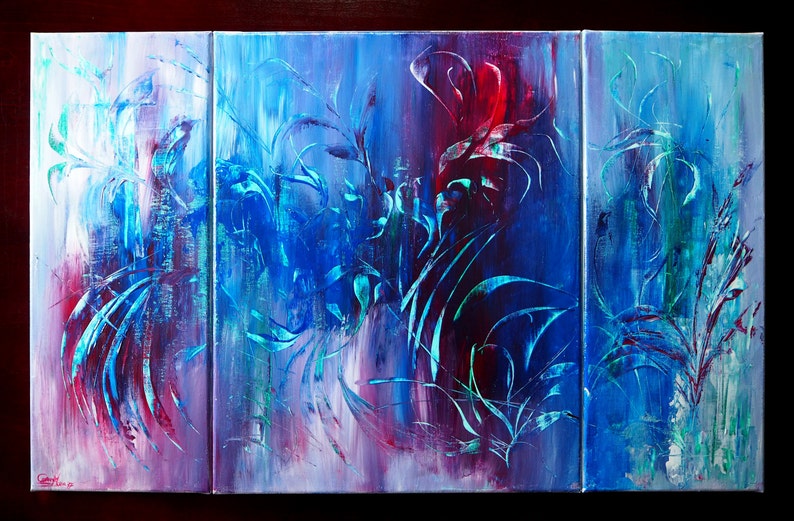 Original abstraktes Bild modernes Gemälde Acrylbild abstrakt blau rot weiß grün moderne Kunst Malerei Gemälde bunt mit knalligen Farben Bild 1