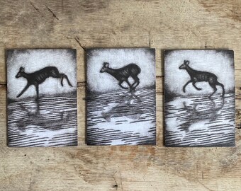 Set of three blank notecards, running roe deer