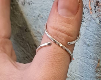 May include: A silver thumb ring with a twisted design. The ring is worn on the thumb of a person's hand.