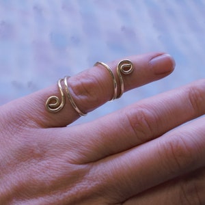 May include: A gold-colored wire ring with two spiral designs. The ring is worn on a finger.