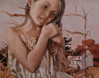 Oorspronkelijke olie schilderij figuratief schilderij realistisch schilderen van portret herfst schilderij daken Girl Foto Riga kunst olie op doek schilderen