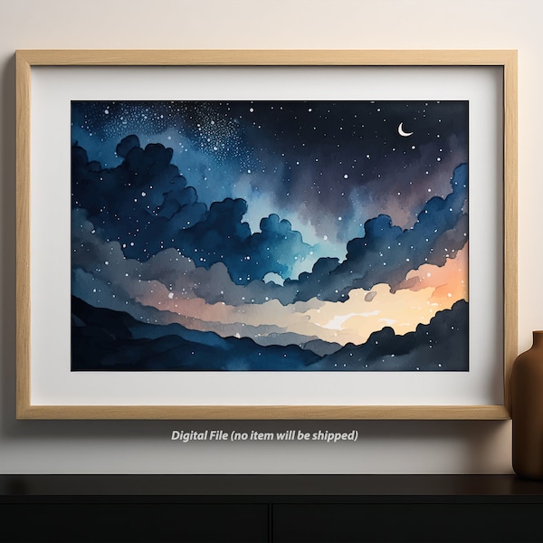 Watercolor Nighty Sky Art Print | Night Sky Painting | Digital Art | Downloadable Wall Art | Digital Download Print | Printable Wall Art