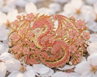 Cherry Blossom Dragon Enamel Pin | Fantasy Japanese Hard Enamel Lapel Badge | Mythical Creature Gift for Dragon Lover | Sakurael