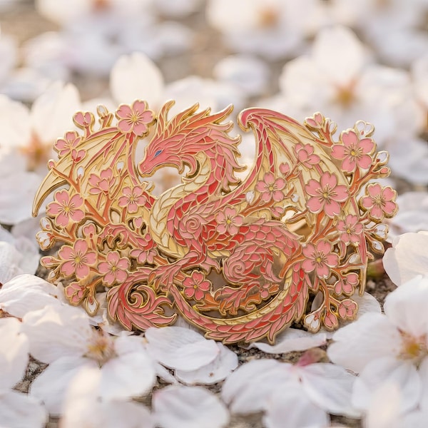 Cherry Blossom Dragon Enamel Pin | Fantasy Japanese Hard Enamel Lapel Badge | Mythical Creature Gift for Dragon Lover | Sakurael