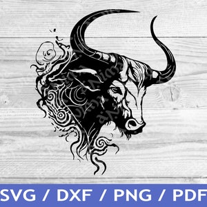May include: Black and white silhouette of a bull's head with intricate swirling designs around it.