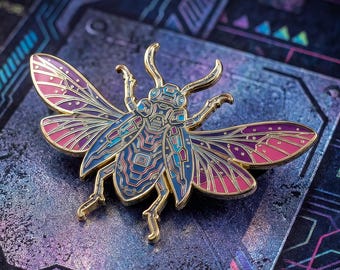 Cyberpunk Beetle Enamel Pin | Glow In The Dark Futuristic Robot Insect Brooch Badge, Cyber Punk Bug Charm, Patreon Pin Club Design