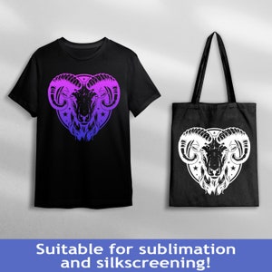 May include: A black t-shirt and tote bag featuring a white and purple gradient image of a ram's head with horns. The ram's head is encircled by a circle with stars. The text "Suitable for sublimation and silkscreening!" is at the bottom of the image.