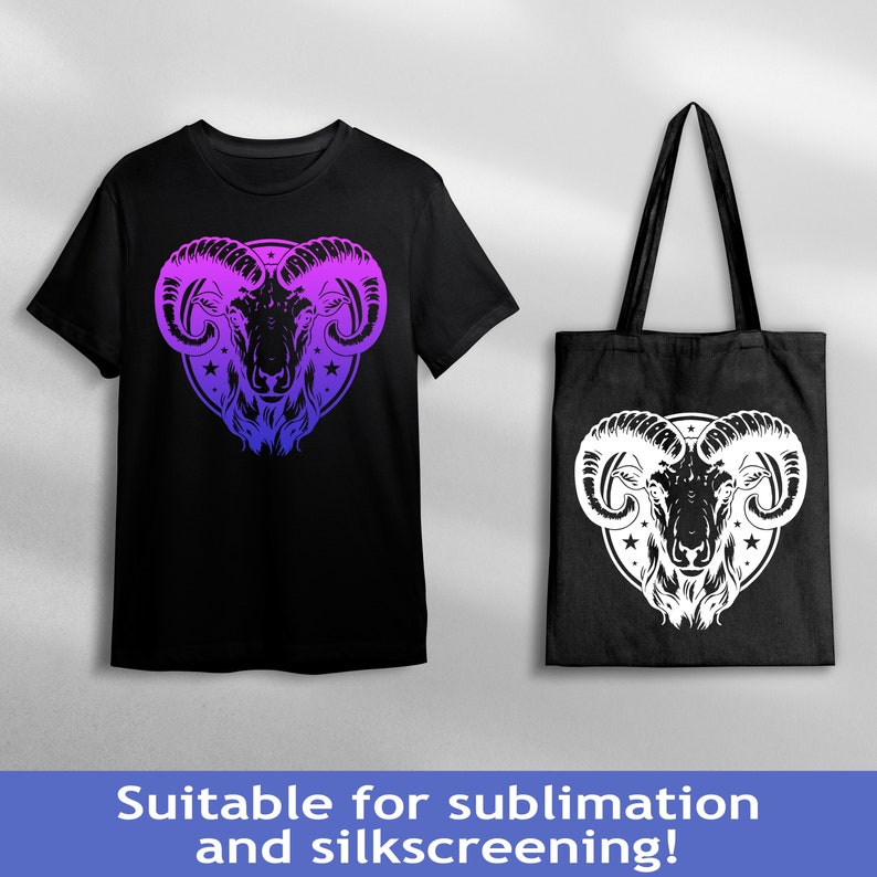 May include: A black t-shirt and tote bag featuring a white and purple gradient image of a ram's head with horns. The ram's head is encircled by a circle with stars. The text "Suitable for sublimation and silkscreening!" is at the bottom of the image.