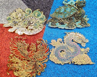 Sacred Beasts Pin Set - Byakko, Suzaku, Genbu, Seiryu Collectible Japanese Mythology Pins