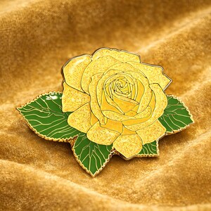 Yellow Rose Enamel Pin | Glitter Floral Lapel Pin | Gold Rose Brooch | Romantic Gift for Her | Botanical Collectible | Valentine’s Day Pin