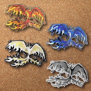 Phoenix Enamel Pins | Glow In The Dark Collectible Lapel Pins, Mythological Fantasy Fire Bird Brooch / Badge, Red, Blue, Light, Shadow