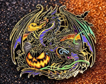 Dragon Enamel Pin | Halloween Dragon Hard Enamel Collectible Pin 3.25 inch | Fantasy Dragon Pin | Gourtrix, Dragon Of Fright
