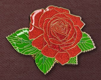 Red Rose Enamel Pin | Collectible Lapel Pin, Flower Blossom, Floral Brooch / Badge, Glittered Enamel, Gold Metal