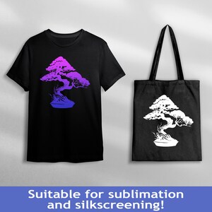 May include: A black t-shirt and tote bag with a white silhouette of a bonsai tree. The t-shirt has a gradient design of purple and pink.