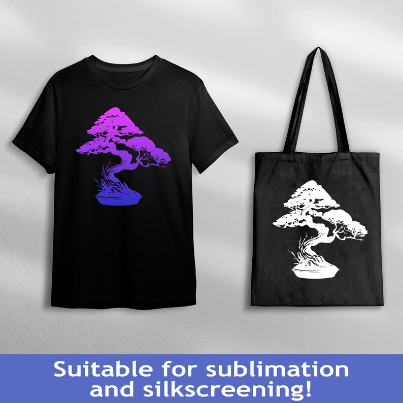 May include: A black t-shirt and tote bag with a white silhouette of a bonsai tree. The t-shirt has a gradient design of purple and pink.