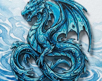 Water Dragon Fridge Magnet - 4 Inch Textured 3D Printed Fantasy Art