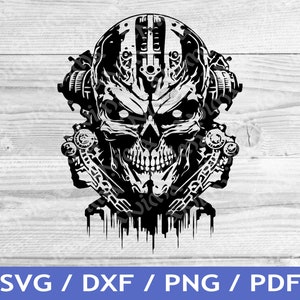 May include: Black and white digital illustration of a skull with gears and mechanical parts. The skull has a menacing expression with sharp teeth and a dripping effect.