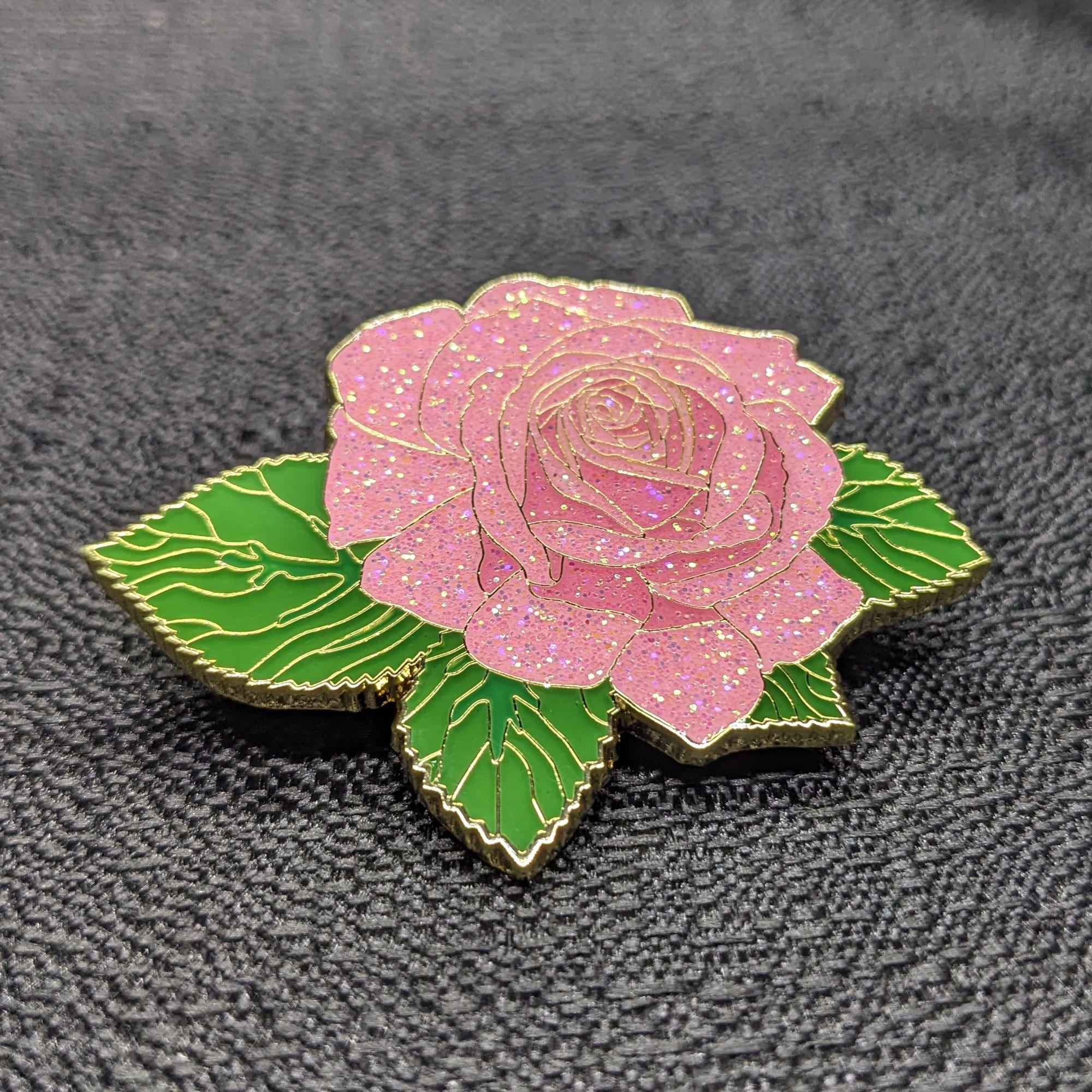 Pink Rose Enamel Pin | Glitter Floral Lapel Pin | Gold Rose Brooch ...