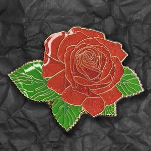Red Rose Enamel Pin | Glitter Floral Lapel Pin | Gold Rose Brooch | Romantic Gift for Her | Botanical Collectible | Valentine’s Day Pin