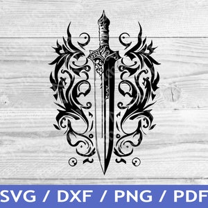 May include: Black and white vector graphic of a sword with intricate floral designs on either side. The sword is in the center of the design and the floral designs are symmetrical.