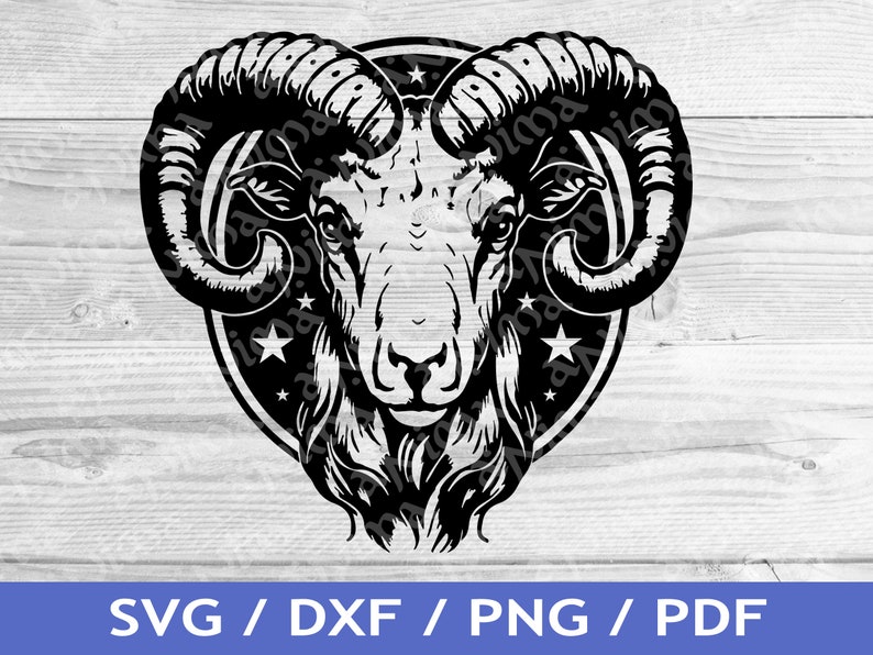 May include: Black and white silhouette of a ram's head with large curled horns. The ram's head is surrounded by a circle with five stars.