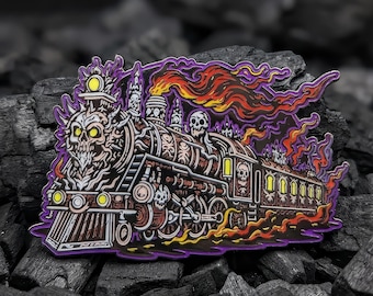 Skull Train Enamel Pin | Demon Skeleton Locomotive Brooch Badge, Horror Halloween Charm, Patreon Pin Club Design