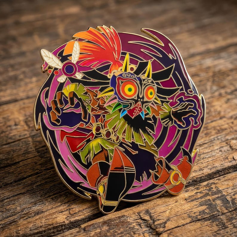 May include: A circular metal enamel pin featuring a colorful character with a mask, large yellow eyes, and spiky hair, surrounded by a swirling purple and pink background with a small winged insect figure on the upper left side of the design.