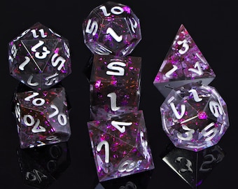 Infernus - Black, Purple Sharp Side Resin Dice Set, Dungeons And Dragons, D&D, DnD, Tabletop RPG Dice, Clear Resin Foil Dice