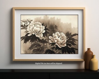 Peony Flowers Art Print | Japanese Painting | Digital Art | Downloadable Wall Art | Digital Download Print | Printable Wall Art