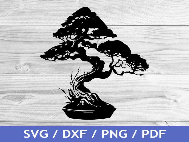 May include: Black silhouette of a bonsai tree with a thick trunk and branches. The tree is in a pot and has a traditional Japanese style.