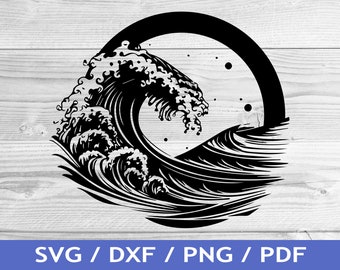 Puede incluir: Ilustración en blanco y negro de una gran ola rompiendo en un círculo. La ola está estilizada con un diseño japonés tradicional.