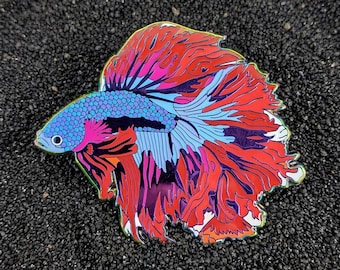 Betta Fish Enamel Pin (Red Moon) - Collectible Lapel Pin, Siamese Fighting Fish, Rainbow Anodized Brooch, Unique Gift for Fish Lovers