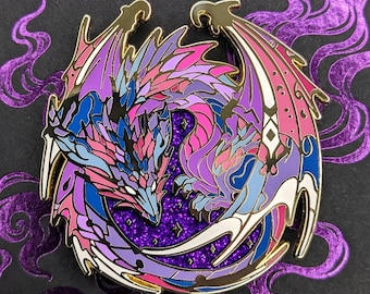 Void Dragon Enamel Pin - Fantasy Glitter Dragon Lapel Pin | Collectible Gold Beast Brooch Badge