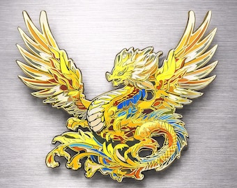 Spilla smaltata a forma di drago / Spilla da collezione in smalto duro con drago dorato da 3,25 pollici / Spilla con drago fantasy / Aurelios, il drago del sole