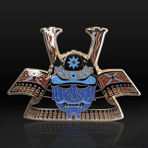 Épinglette en émail Kabuto eau foncée - Épinglette de casque de guerrier samouraï japonais, masque de démon Oni à collectionner, broche unique, insigne