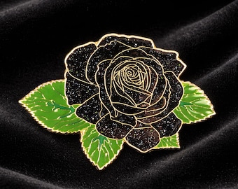 Black Rose Enamel Pin | Glitter Floral Lapel Pin | Gold Rose Brooch | Romantic Gift for Her | Botanical Collectible | Valentine’s Day Pin