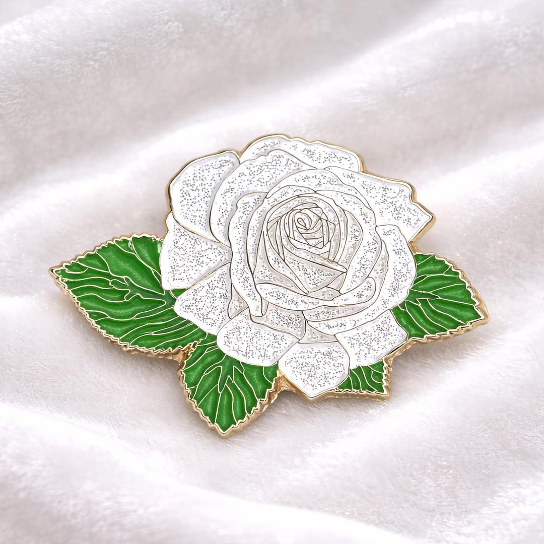 White Rose Enamel Pin | Glitter Floral Lapel Pin | Gold Rose Brooch ...