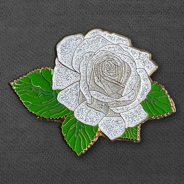 White Rose Enamel Pin | Collectible Lapel Pin, Flower Blossom, Floral Brooch / Badge, Glittered Enamel, Gold Metal