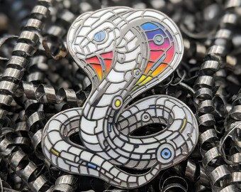 Mecha Cobra Enamel Pin | Robotic Snake Brooch Badge, Futuristic Cyber Creature Charm, Patreon Pin Club Design