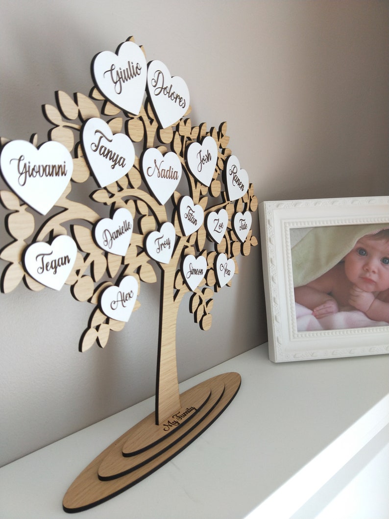 Wooden Family Tree Laser Cut with Wooden Hearts Etsy