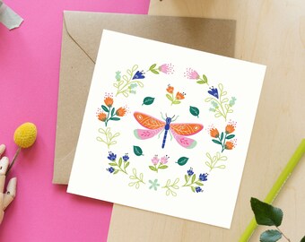 Dragonfly Card, Floral Birthday, Botanical Flower Card, Insect Card, Entomology, Floral Card, Folkart Print , Hygge Print, Insect Print,