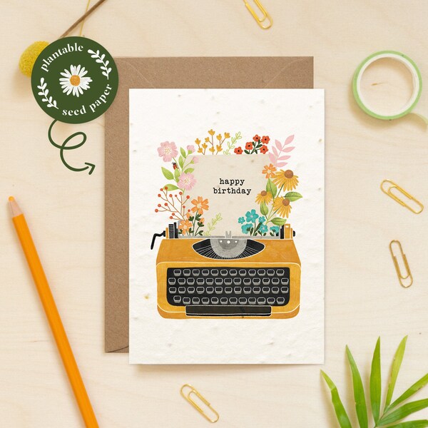 Plantable Flower Seed Paper Card, Birthday Card,Vintage Typewriter, Seed Card, Greeting, Gardening, Eco-friendly, Biodegradable, Wildflowers