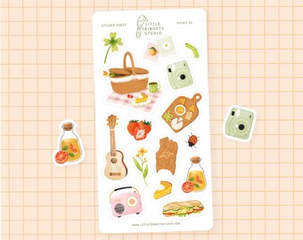 Picnic Sticker Sheet, Summer Stickers, Cottage core Stickers, Spring Stickers, Planner Stickers, Bullet Journal Stickers, Scrapbook, Food