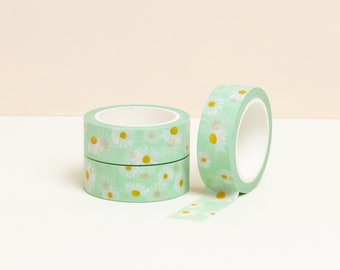 Bright floral Daisy washi tape, Masking tape, Daisies washi tape, 15mm washi tape, Floral stationery, Wildflowers, Bullet journal,Mint green