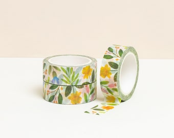 Bright floral washi tape, Masking tape, Leave washi tape, 15mm washi tape, Floral stationery, Wildflowers, Bullet journal, Cute washi tape