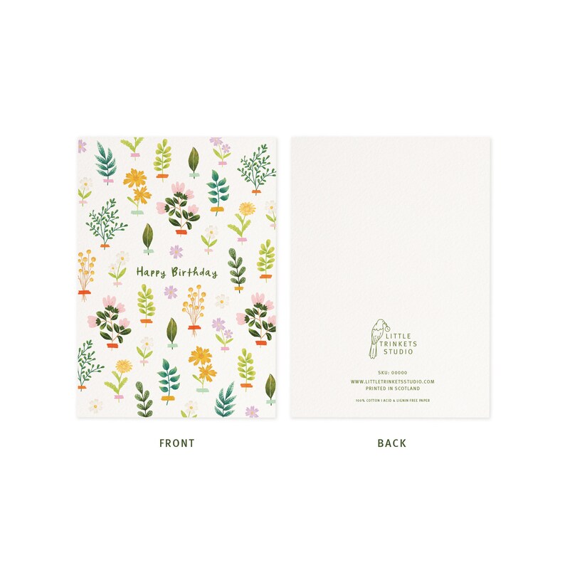 K&ouml;nnte beinhalten: Geburtstagskarte mit floralem Design und dem Schriftzug "Happy Birthday" auf der Vorderseite. Das Design zeigt bunte Blumen und Gr&uuml;nzeug. Die R&uuml;ckseite der Karte ist schlicht mit einem kleinen Logo und Text.