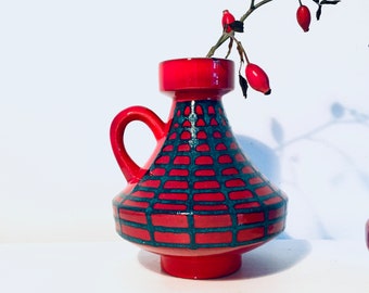 Vase  Ilkra 60er Jahre rot blau  MitCentury Retro Rockabilly, W.-Germany Henkelvase Vintage